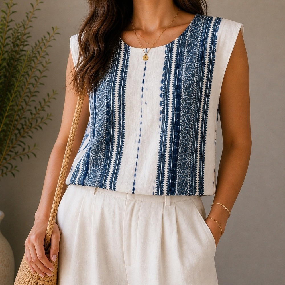 Bohemian Sleeveless Top Womens S Blue White Ikat Tie Dye Cotton Beach Wear
